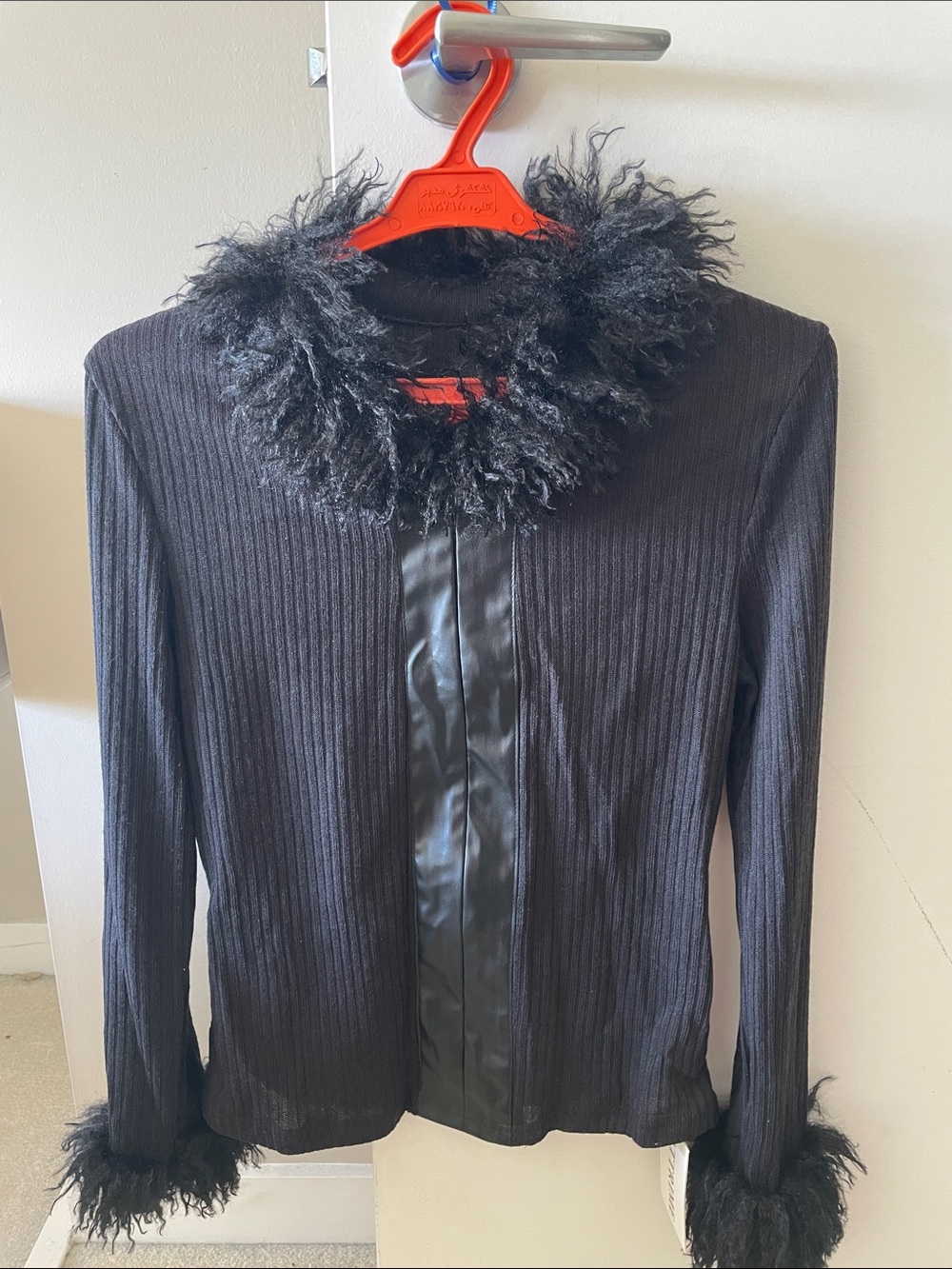 Attrime Black Ribbed Top with Faux- leather-look & Feather style Trim - M